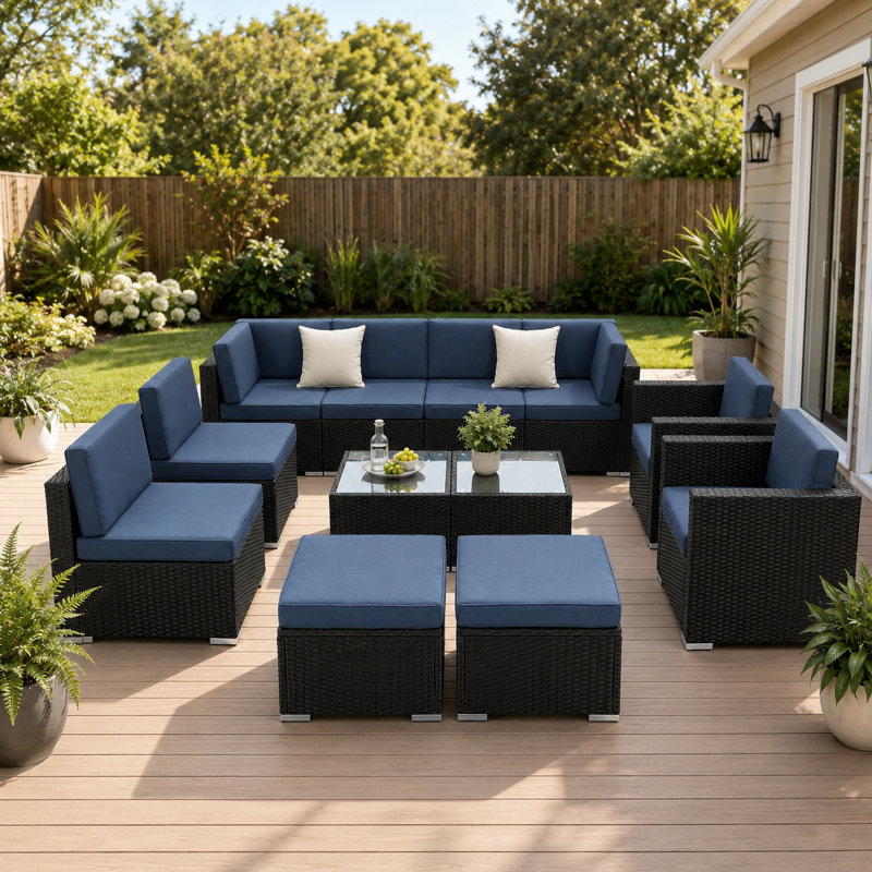 Ensemble de conversation modulaire en rotin avec coussins pour 10 personnes Wicker, Navy