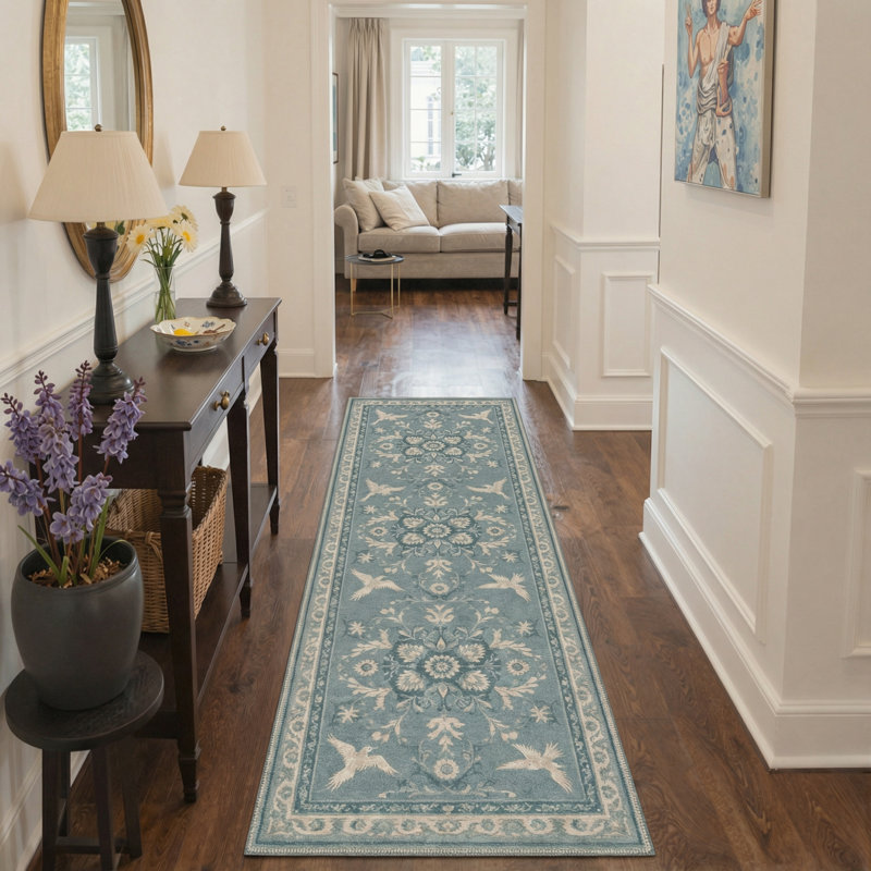 Aarna Bird & Floral Machine Washable Green / Beige Indoor Area Rug with Non-Slip Backing, Runner 2'6" x 8'