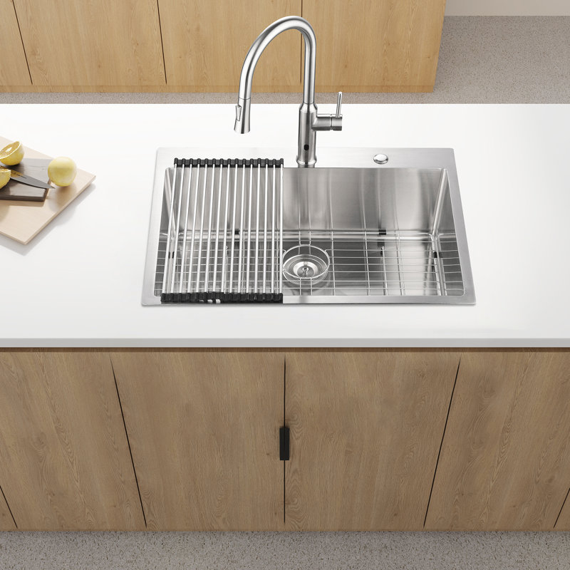 Stainless Steel Kitchen Sink Drop-In 33X22x10" Single Bowl - T304 Steel, Rust & Stain Coating, Easy To Clean Thoroughly, R10 Radius And Degradation, With Mop Block, Corners