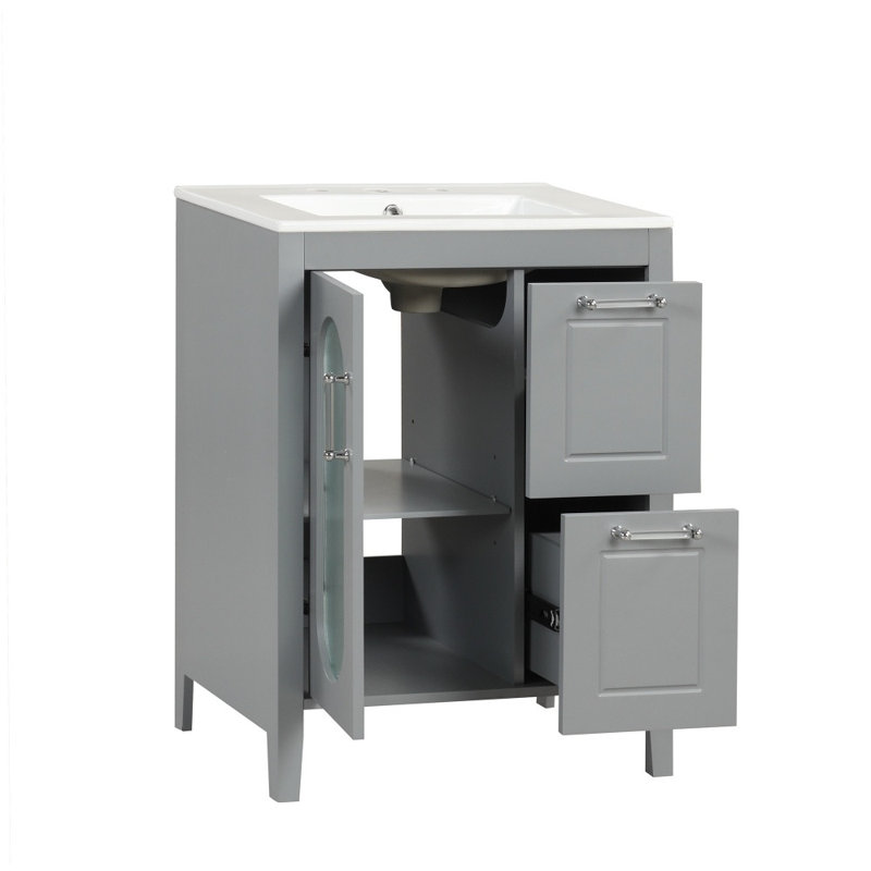 Meuble-lavabo 24 po avec lavabo - armoire en bois massif et panneau de fibres à densité moyenne, 2 tiroirs et 1 porte, tablette réglable