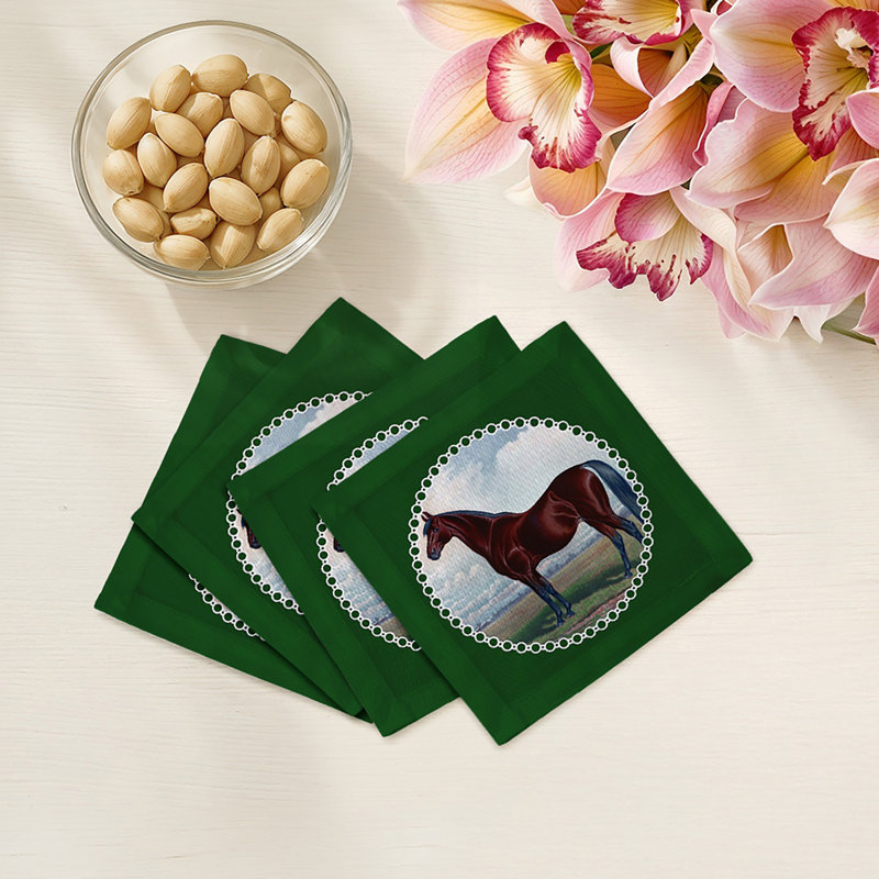 English Thoroghbred Cotton Sateen Cocktail Napkins, Green