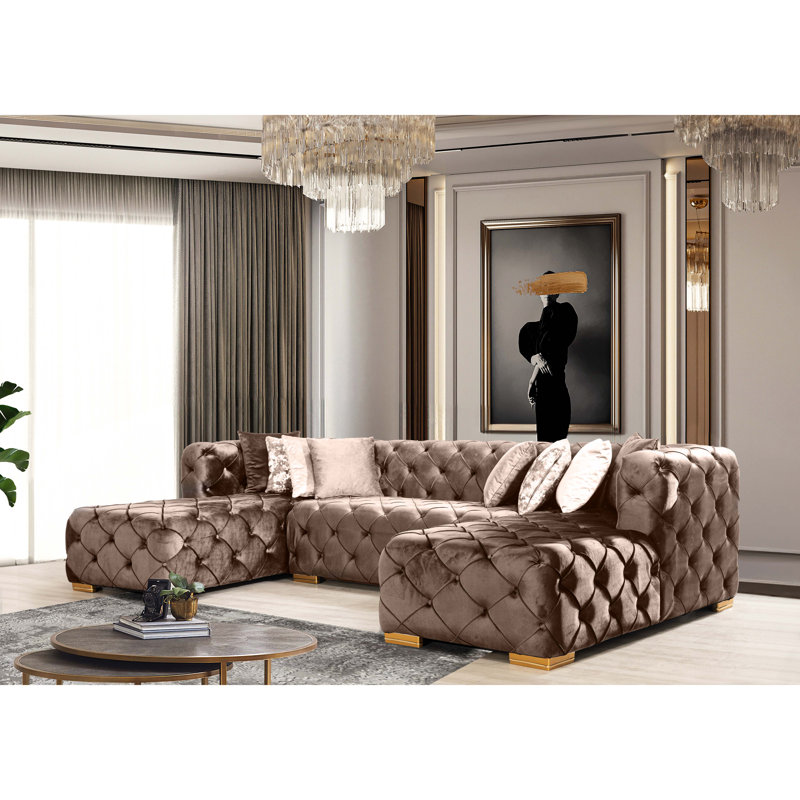 Canapé et méridienne Verble, Velours brun, Beige
