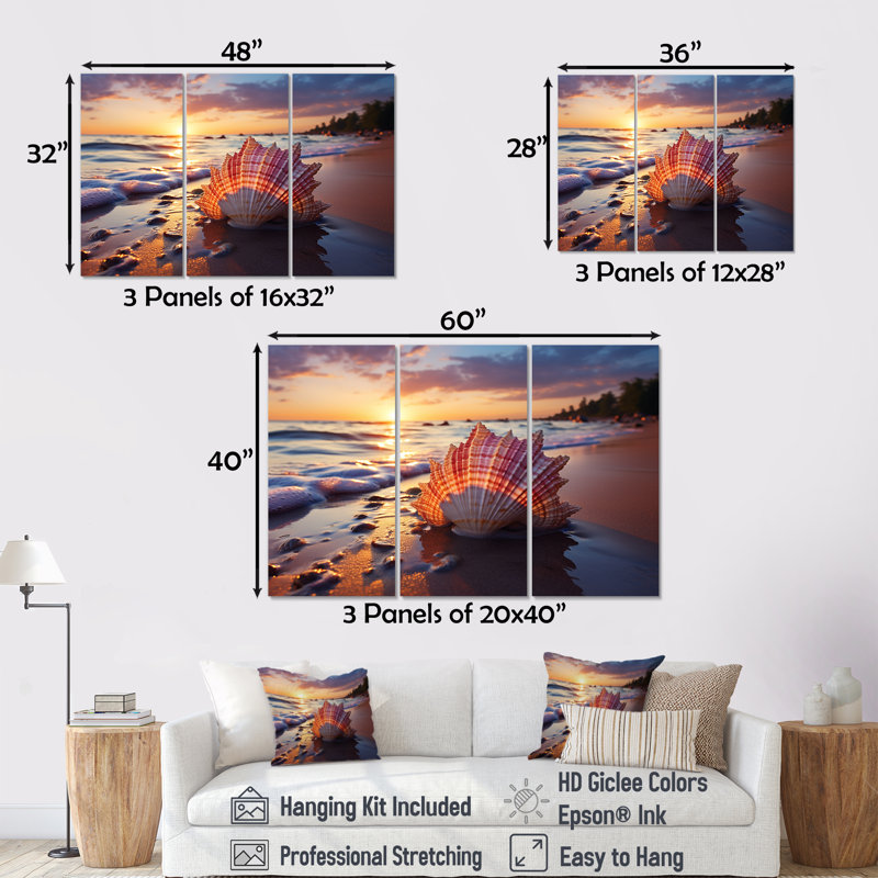 Coucher de soleil sur les trésors du rivage II - plage, art mural, Toile tendue, H 28 po x l 36 po