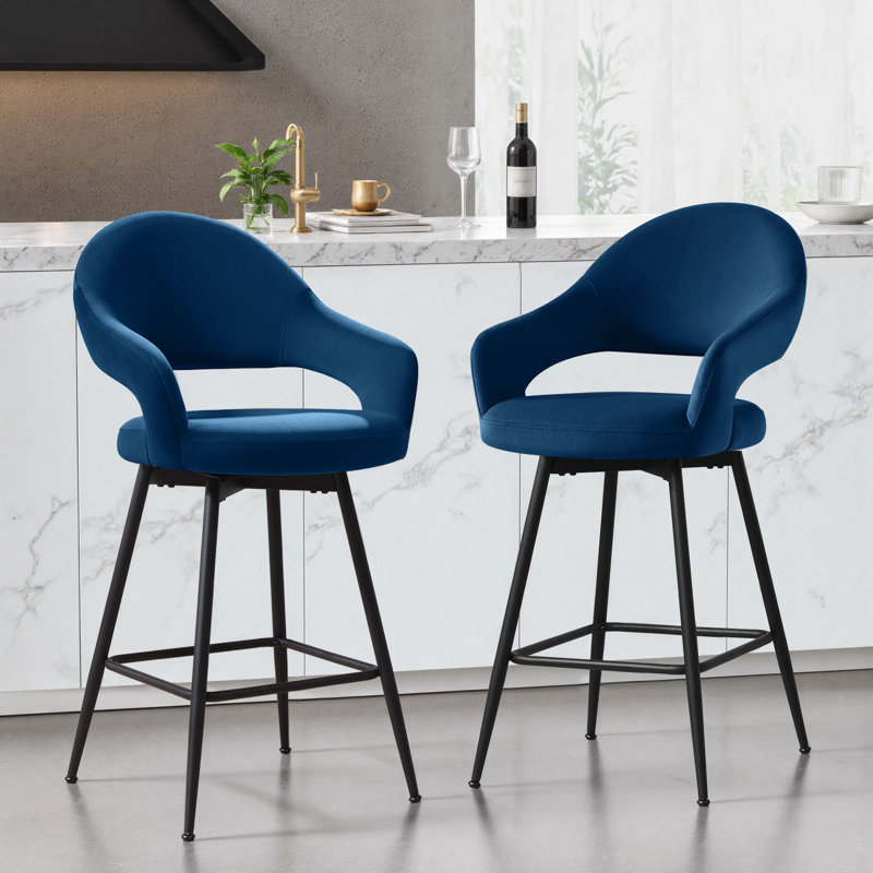 26" Swivel Upholstered Counter Stool with Metal Frame (Set of 2), 2, Blue