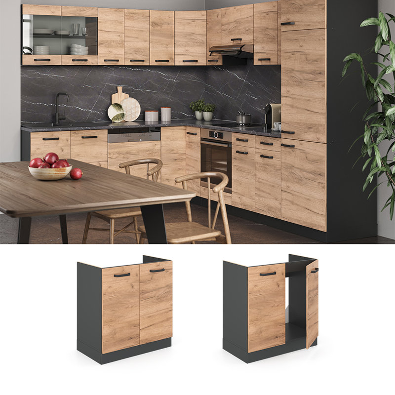82Cm H x 80Cm W x 46Cm D Oak Base Unit Cabinet, Brown/Grey