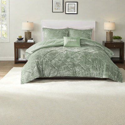 Luxurious Velvet Bedding Sets, Full/queen, Green, Crushed Polyester With Decorative Pillow
