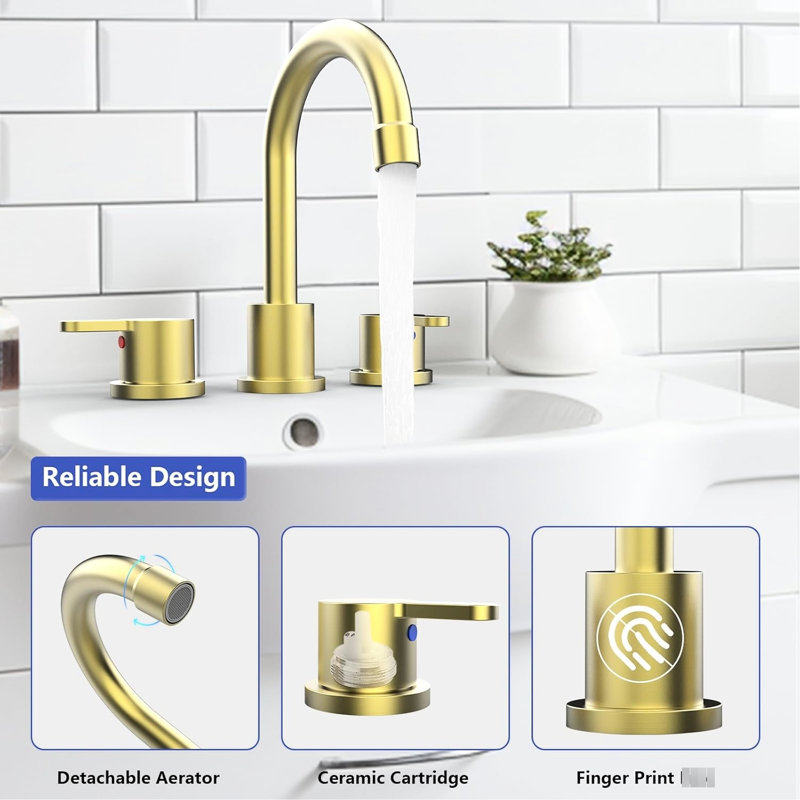 Robinet pour salle de bain à 2 poignées et 3 trous à 2 poignées, finition or brossé, bec pivotant à 360 °, conception économiseur d'eau, matériau, pour système de télévision et système public, installation rapide