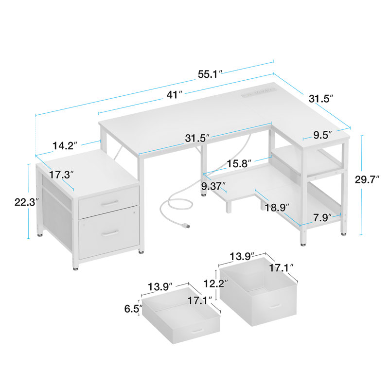 Bureau d'écriture avec prises de courant encastrées, bureau à domicile avec armoire à imprimante, bureau d'ordinateur réversible avec support pour PC, bureau d'angle avec structure robuste