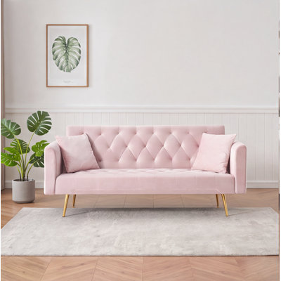 71-Inch Convertible Loveseat Sofa Bed, Pink Velvet, Retro Adjustable Sofa for Small Living Room, Bedroom, Office