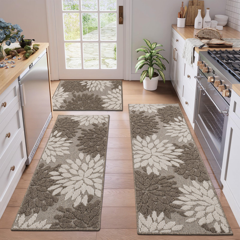 Tapis de cuisine antidérapant lavable à la machine, Floral beige