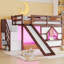 Lit mezzanine en bois double avec étagères, escalier de rangement, glissade, fenêtre et éclairage DEL-765040973