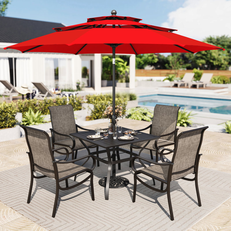Ensemble de table de salle à manger d'extérieur 4 places avec parasol 4 places, Rouge, Yes