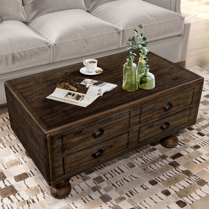 Table basse rectangulaire en bois massif pour le salon, table basse antique de 40 pouces avec 4 tiroirs, Espresso