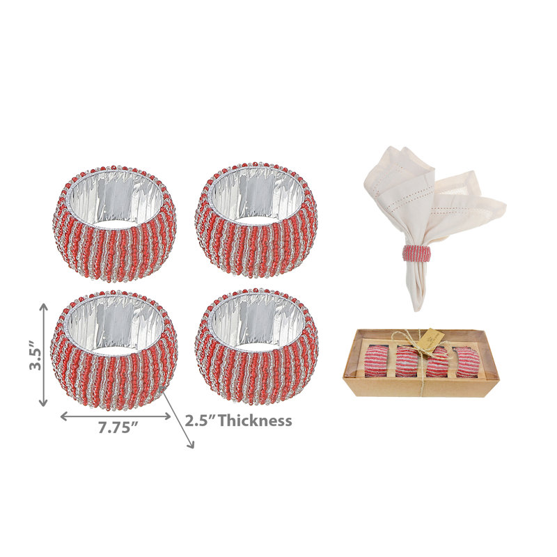 Red and Silver Beaded Glass Napkin Rings Set of 4