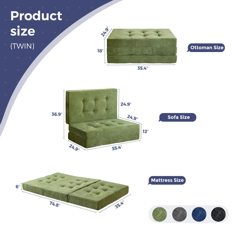 Tri-Fold Velours côtelé 6 po, Lit simple, Vert