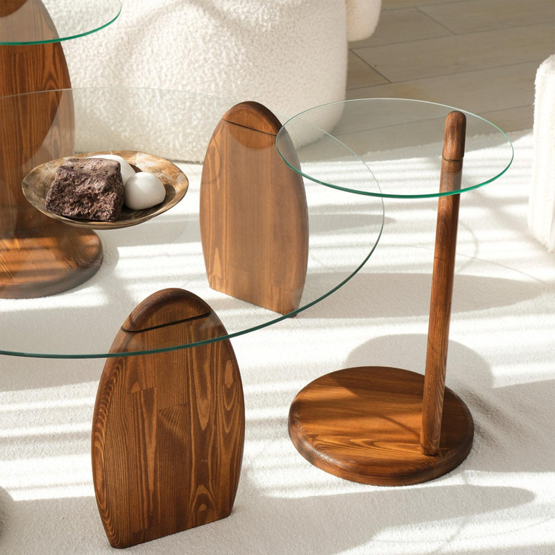 Modern Side Table with 100% Tempered Glass Top and 100% Pine Wood Frame, 13.8 x 20.9 x 13.8 Inches | Elegant Chestnut and Transparent Finish | Ideal for Living Room, Bedroom, and Contemporary Spaces