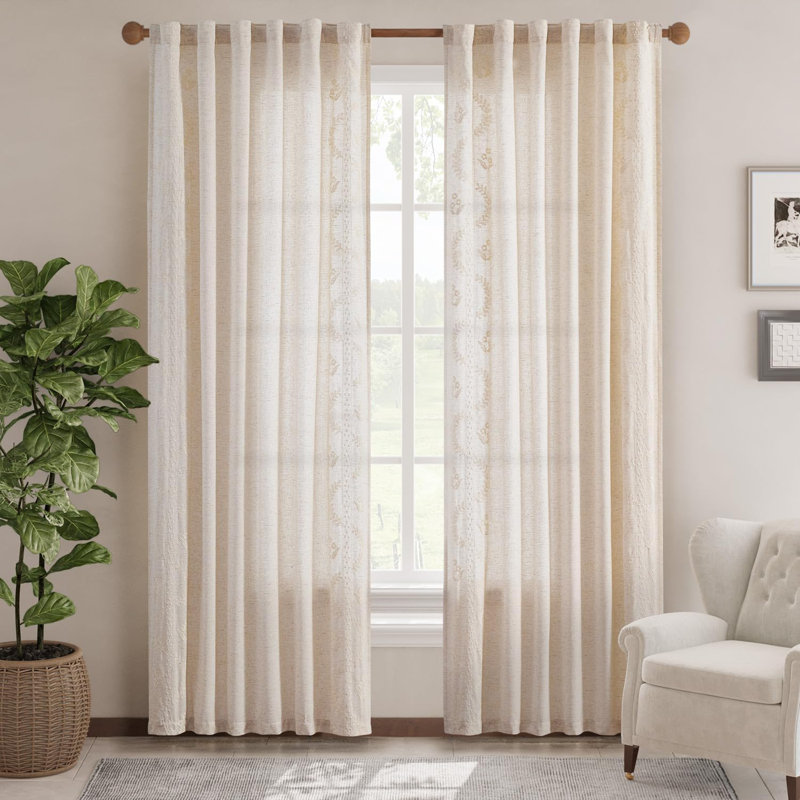 Linen Blend Embroidered Curtains Farmhouse Flower Patterned Curtains for Bedroom, Ivory, 50" W x 84" L