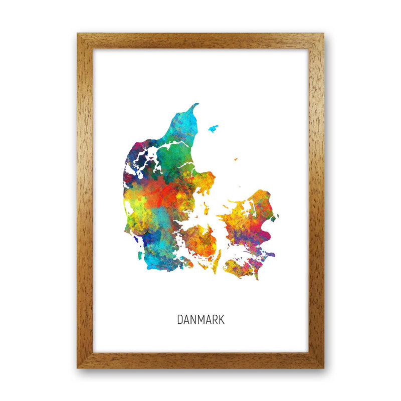 Danmark Watercolour Map by Michael Tompsett - Print, Brown Framed, 46cm H x 34cm W x 3cm D