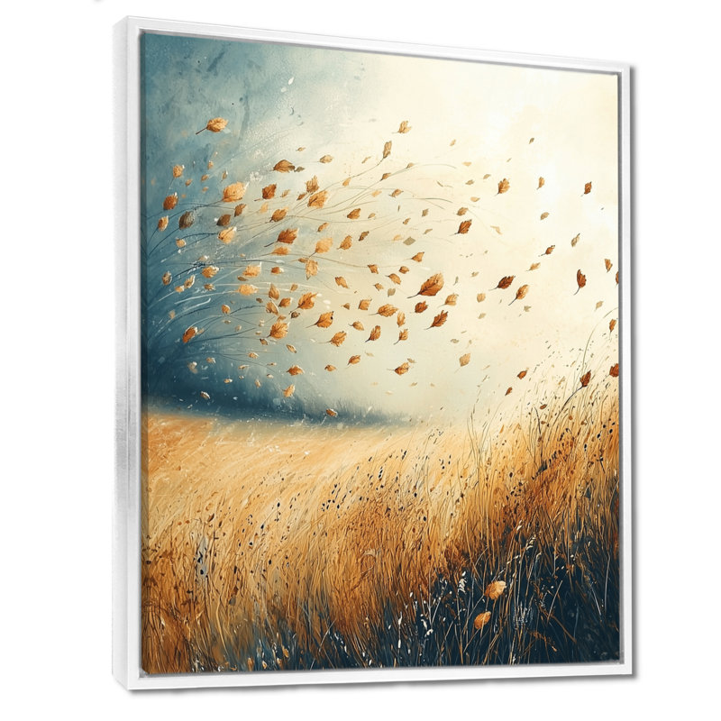 «Meadow Windy Prairie Leaves I», art mural prairie, H 32 po x l 16 po, Reproduction avec cadre flottant, Blanc