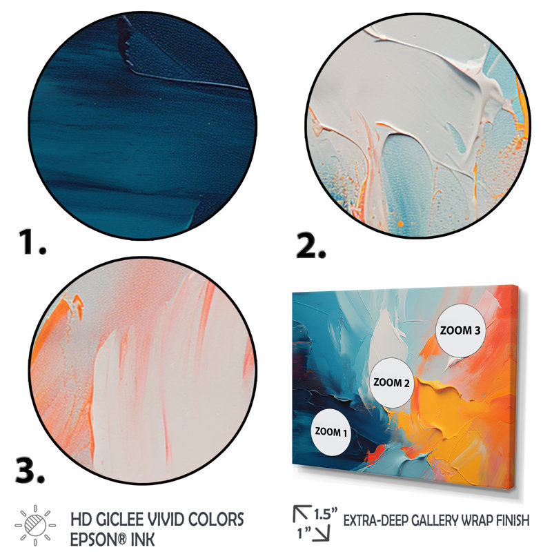 «Blue and Orange Paint Expression 4», art mural abstrait, Cadre doré à coins fermés, H 30 po x l 40 po x P 1,5 po