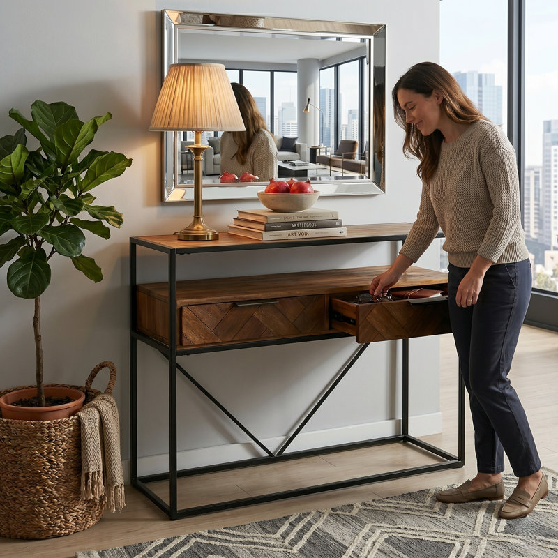 Solid Acacia Wood Console Table with Drawers - Industrial Herringbone Entryway Table with Rust-Resistant Metal Frame