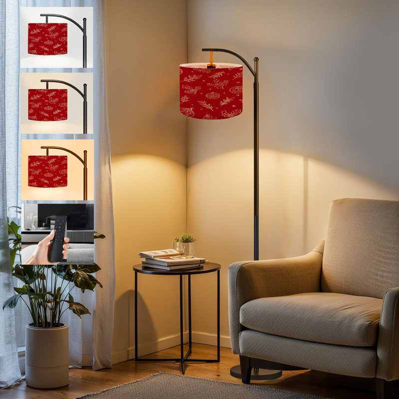  Arc Floor Lamp Hand Drawn Christmas Holly Leaves Baubles Gift Boxes Red Tall Modern Standing Lamp LED Adjustable Linen Lampshade 3 Color Temperatures