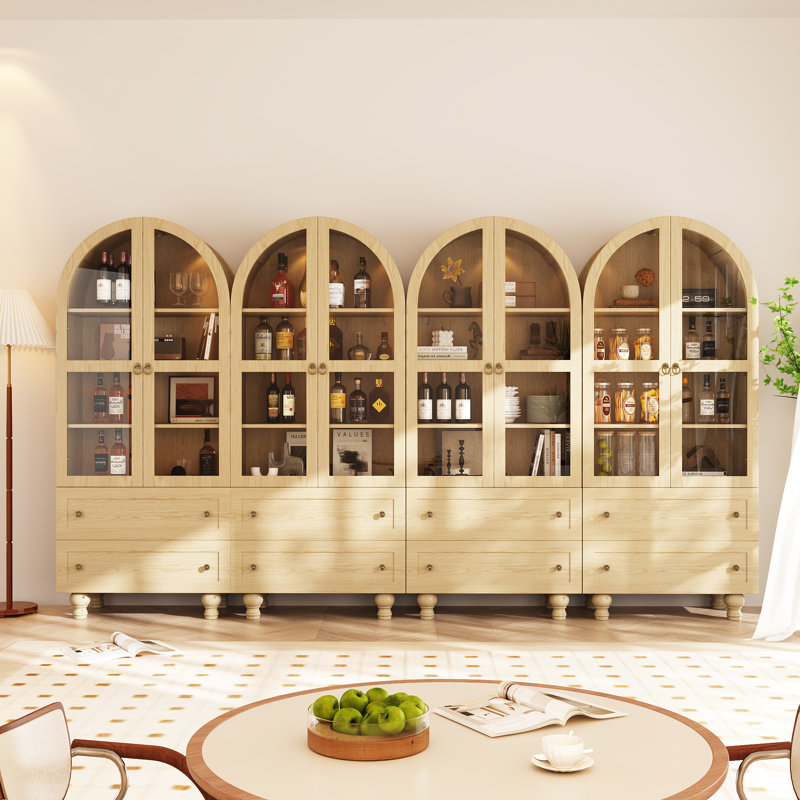 Armoire de rangement pour garde-manger 71 po avec bibliothèques, portes vitrées et 8 tiroirs (ensemble de 4), Naturel