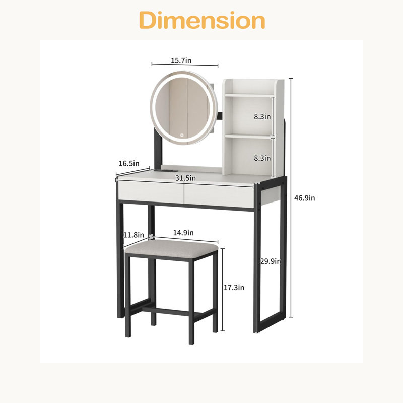 Small Vanity Desk With Mirror And Lights, Makeup Vanity Table With LED Mirror, 3 Lighting Modes, Power Outlet, White/Black