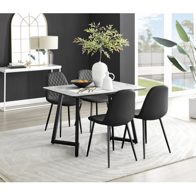 Industrial Design White & Grey Marble Effect Melamine Dining Table Set with 4 Faux Leather Chairs