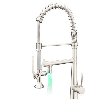 Kitchen Faucet In Brushed Nickel With Heavy Duty Commercial Style, Single Handle Pre-Rinse Spring And High Arc Pull Down Pot Filler