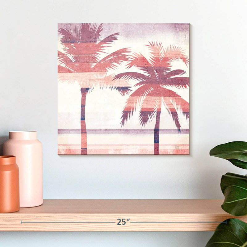 Harnek, paysage de plage, palmiers, rose, mauve, H 16 po x l 16 po