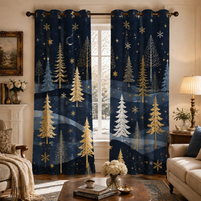 2Pcs Winter Forest Snowflakes Pattern Sun Blocking Curtains, Festive Pine Tree Print Art, Thermal Insulated Grommet Top for Living Room Bedroom Decoration for Home Dector
