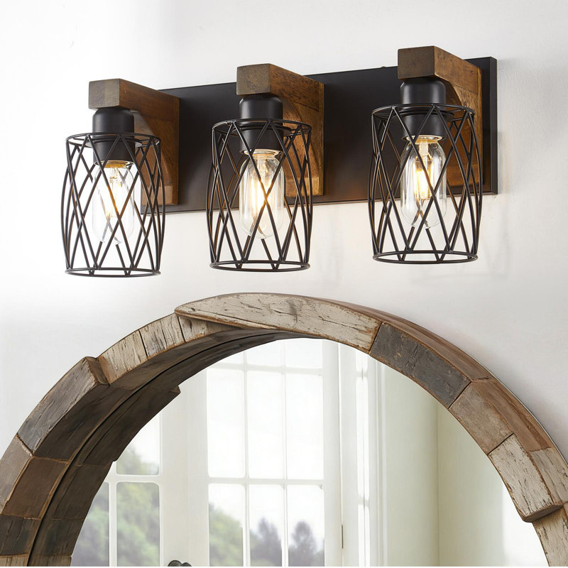 Farmhouse Bathroom Vanity Light With Cage Lampshade,Wood Bathroom Light Fixtures Over Mirror,Rustic Bathroom Lighting For Bedroom Living Room Hallway