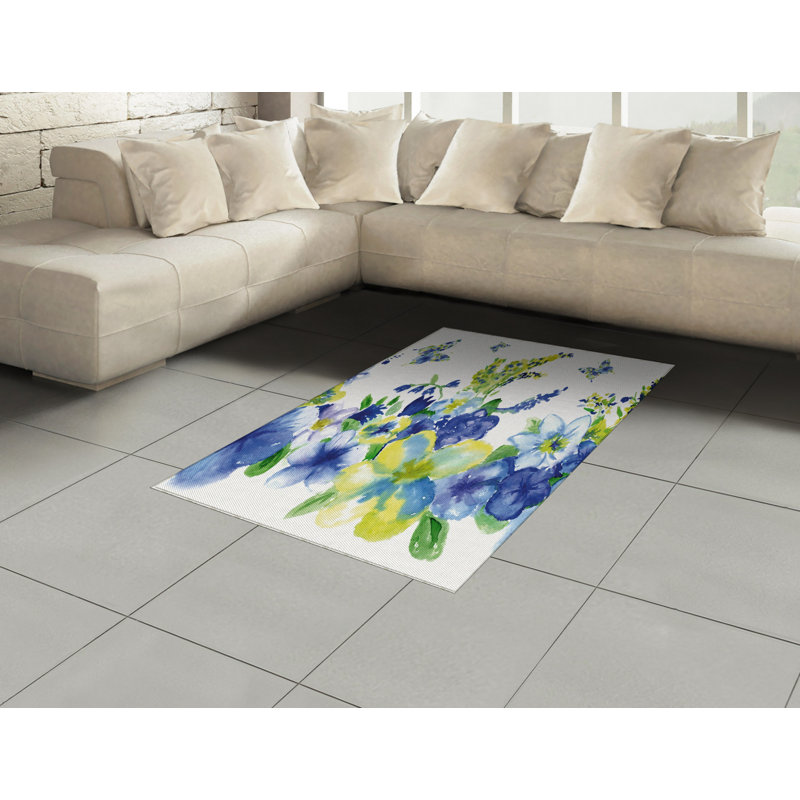 Yellow and Blue High Density Long Fiber Poly Threads Decorative Area Rug Carpet, Rectangle 4' x 5'8"