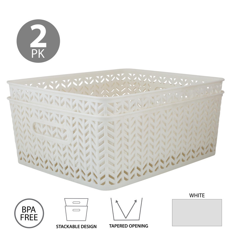 Medium White Polypropylene Herringbone Storage Baskets Set of 2