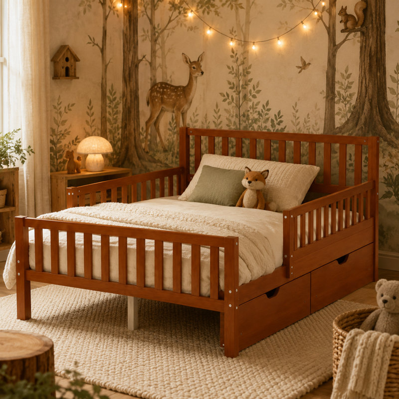 Lit plateforme en bois avec 2 tiroirs de rangement sous le lit, garde-corps pleine longueur et support à lattes, aucun sommier nécessaire