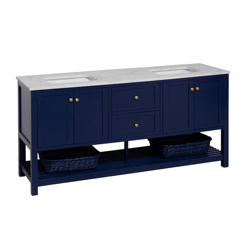 Binne 72'' Double Bathroom Vanity with Top, Royal Blue, Engineered Carrara