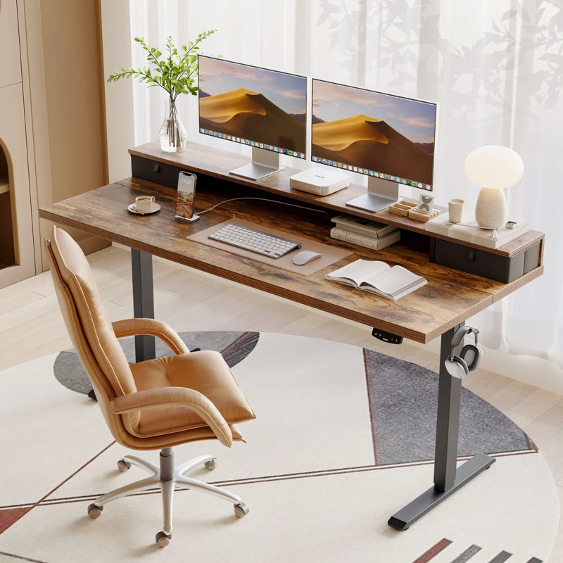 55" Electric Height Adjustable Standing Desk With Drawers,Home Office Desk with Large Monitor Shelf, Rustic Brown/Black