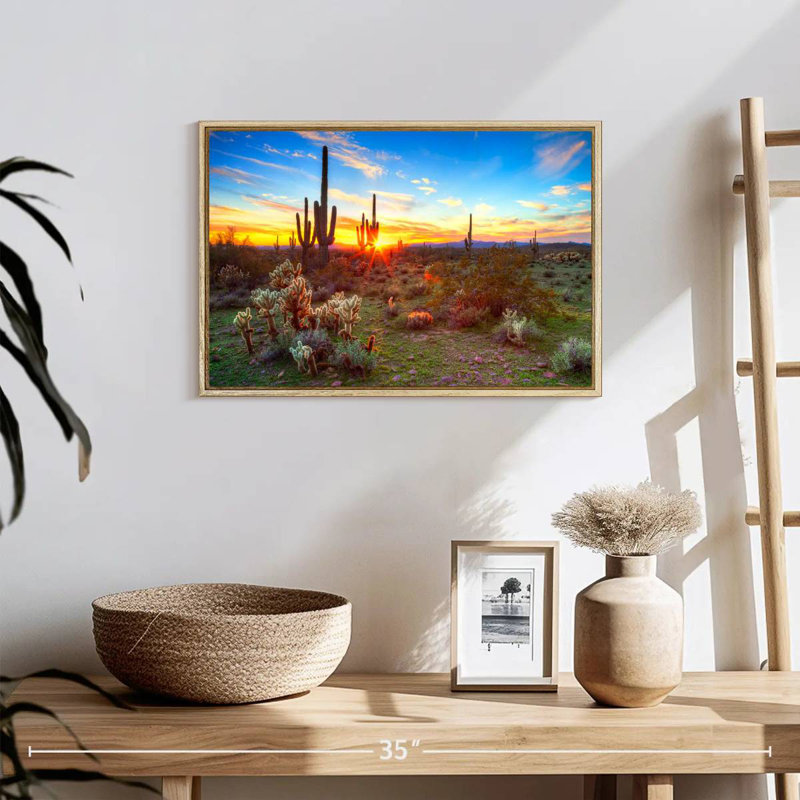 Paysage de désert de Sonora, 19 po x 13 po, Cadre flottant en bois naturel