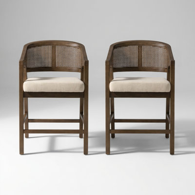 Set of 2 Counter Height Stools with Woven Rattan Backrest and Solid Wood Frame