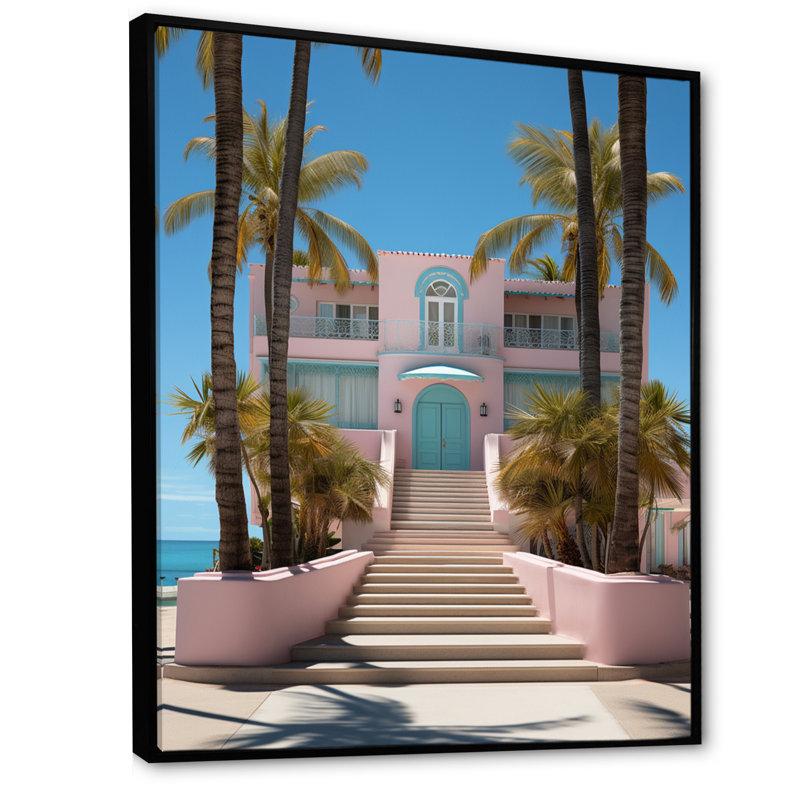 Laragh Miami, maison rose V, H 40 po x l 30 po x P 1,5 po, Cadre flottant noir