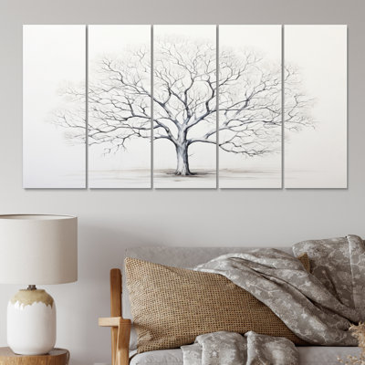 White Tree Monochrome Simplicity - Floral Wall Art Living Room - 5 Equal Panels