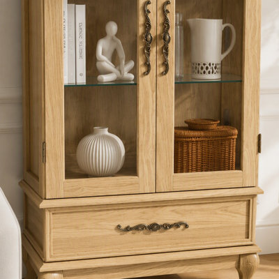 Lighted Curio Cabinet - Elegant Glass Display Cabinet with Adjustable Shelves, 2 Doors, and 1 Drawer - Wine Storage Sideboard with Included Bulb