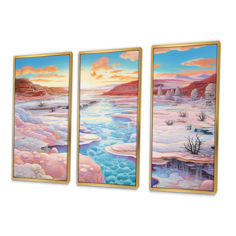 «Kawaii Landscape», ensemble d'art mural Geyser, Cadre flottant doré, H 32 po x l 48 po x P 1 po