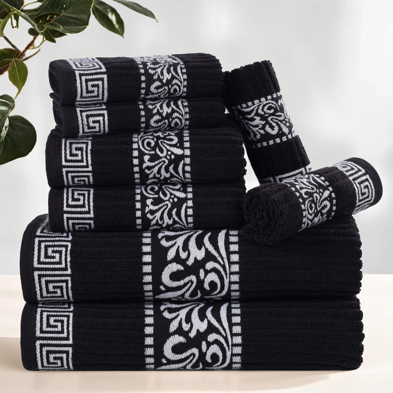 Athens 100% Cotton Medium Weight Floral Border 8-Piece Towel Set, Black/White