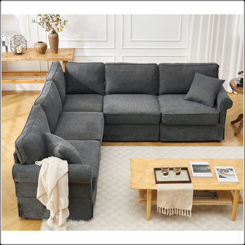 Ensemble de canapé modulaire polyvalent avec revêtement en lin doux et accoudoirs roulés pour des sièges flexibles