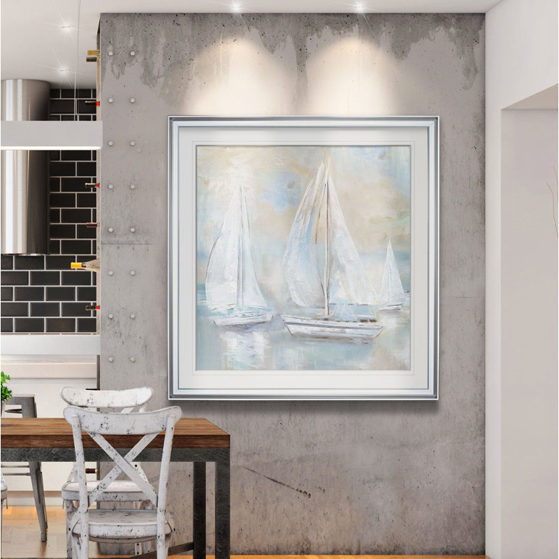 « voile loin », peinture, H 28 po x l 28 po x P 2 po, Cadre argenté