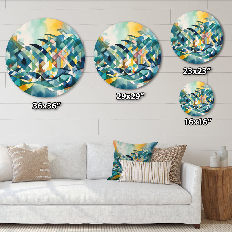 «Blue and orange», art mural rond abstrait géométrique sur métal, H 29 po x l 29 po x P 1 po