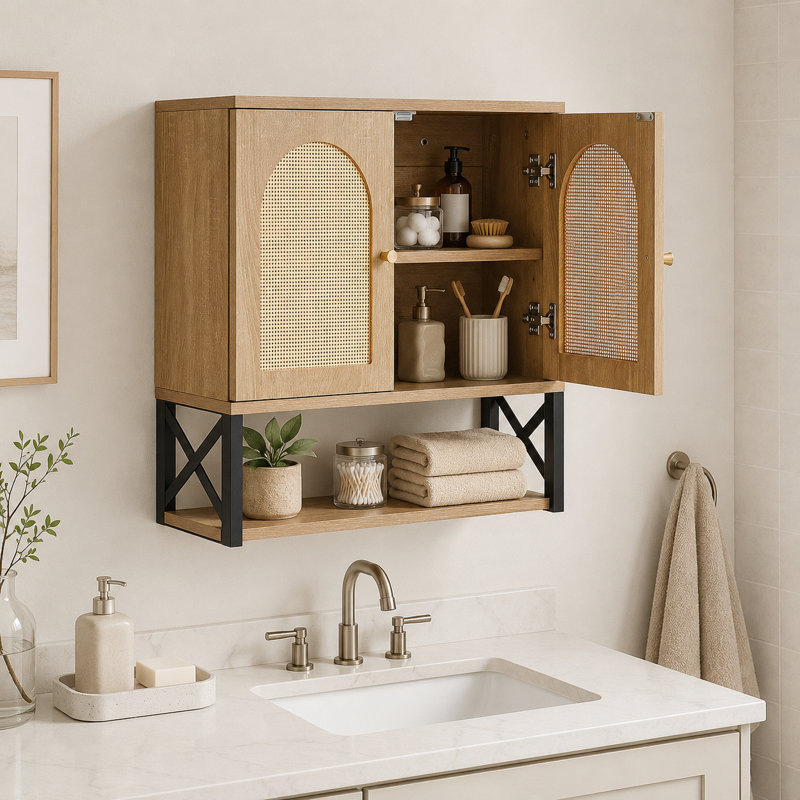 Armoire de rangement murale au-dessus de la toilette; comporte des portes doubles, des tablettes réglables et un mélange de compartiments fermés et ouverts; convient à divers espaces.