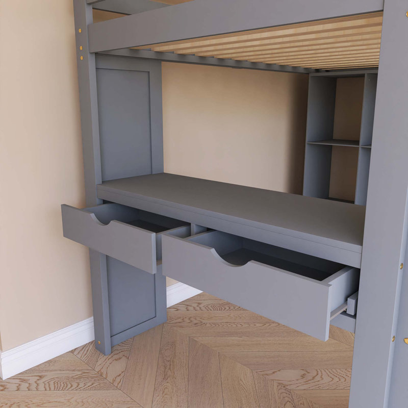 Lit mezzanine double gris avec grandes tablettes, bureau et lumière DEL, Double, Gris